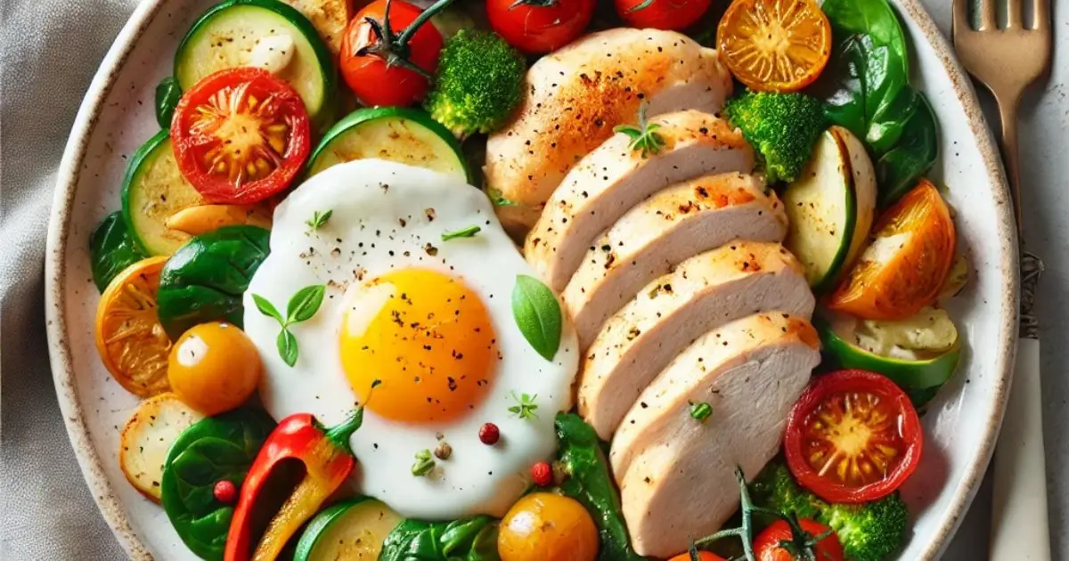 Chicken and Eggs: Easy and Healthy Recipes for Everyday Cooking Plated chicken and eggs with vegetables, ready to serve