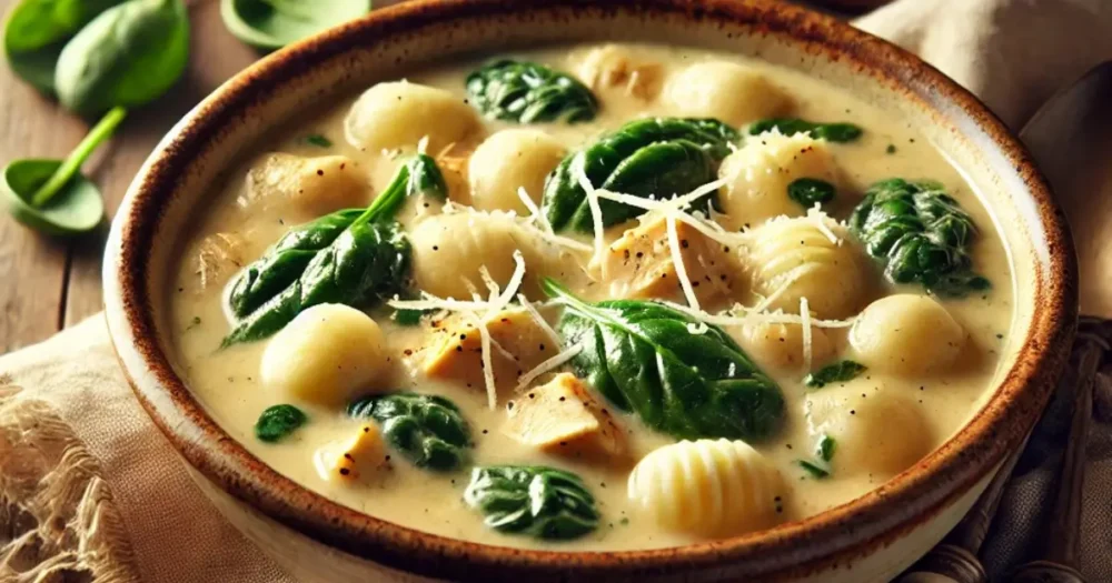 Chicken Gnocchi Soup: How to Make It Creamy and Delicious A creamy bowl of Olive Garden Chicken Gnocchi Soup with tender chicken, fluffy gnocchi, spinach, and Parmesan, served on a rustic table with breadsticks