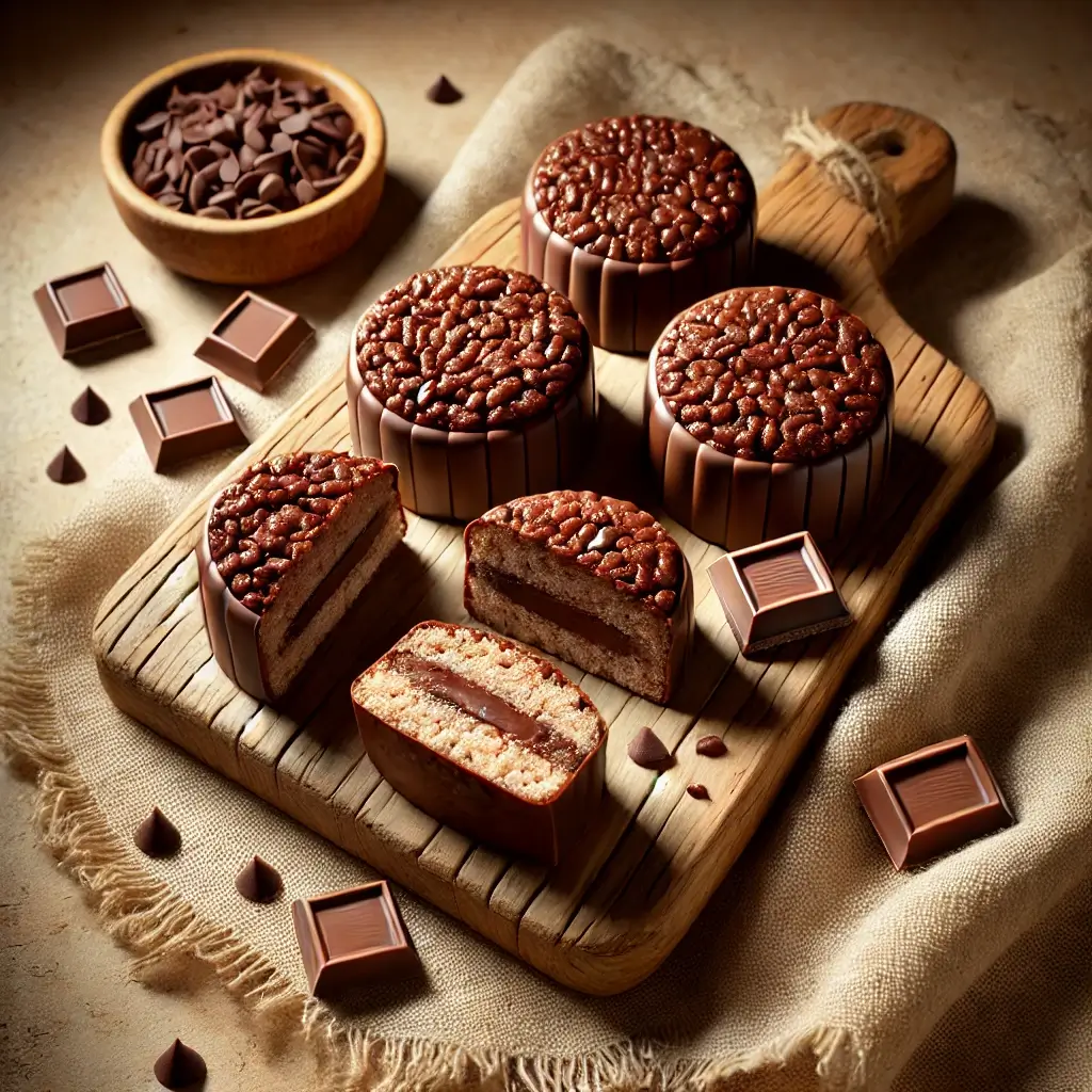10 Reasons to Love Chocolate Rice Cakes An overhead view of several chocolate rice cakes arranged on a rustic wooden board, accompanied by small bowls of melted chocolate and cocoa beans.