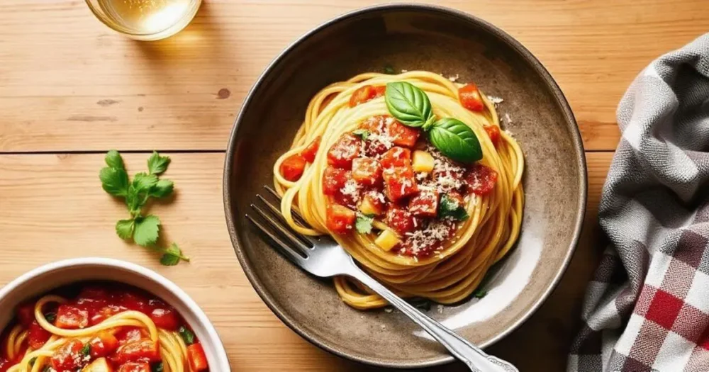 How to Make the Best Old Fashioned Cowboy Spaghetti Recipe at Home A rustic plate of Old Fashioned Cowboy Spaghetti Recipe with thick noodles, meaty tomato sauce, peppers, and onions, topped with melted cheese and fresh parsley, served on a wooden table with a checkered napkin.