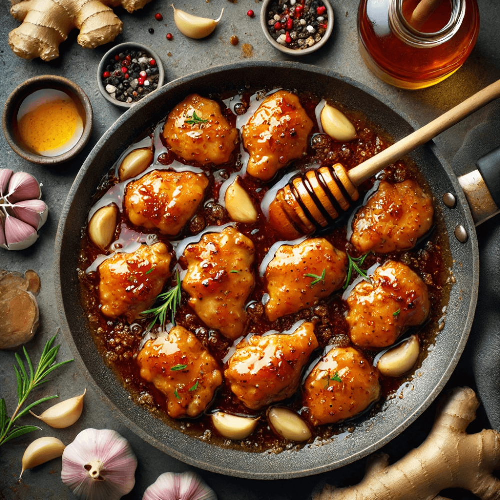 Easy Honey Garlic Chicken Recipe – Sweet, Savory, and Ready in 30 Minutes Honey garlic chicken cooking in a skillet, with the chicken turning golden brown and caramelizing in a savory sauce, surrounded by fresh garlic, ginger, and honey.
