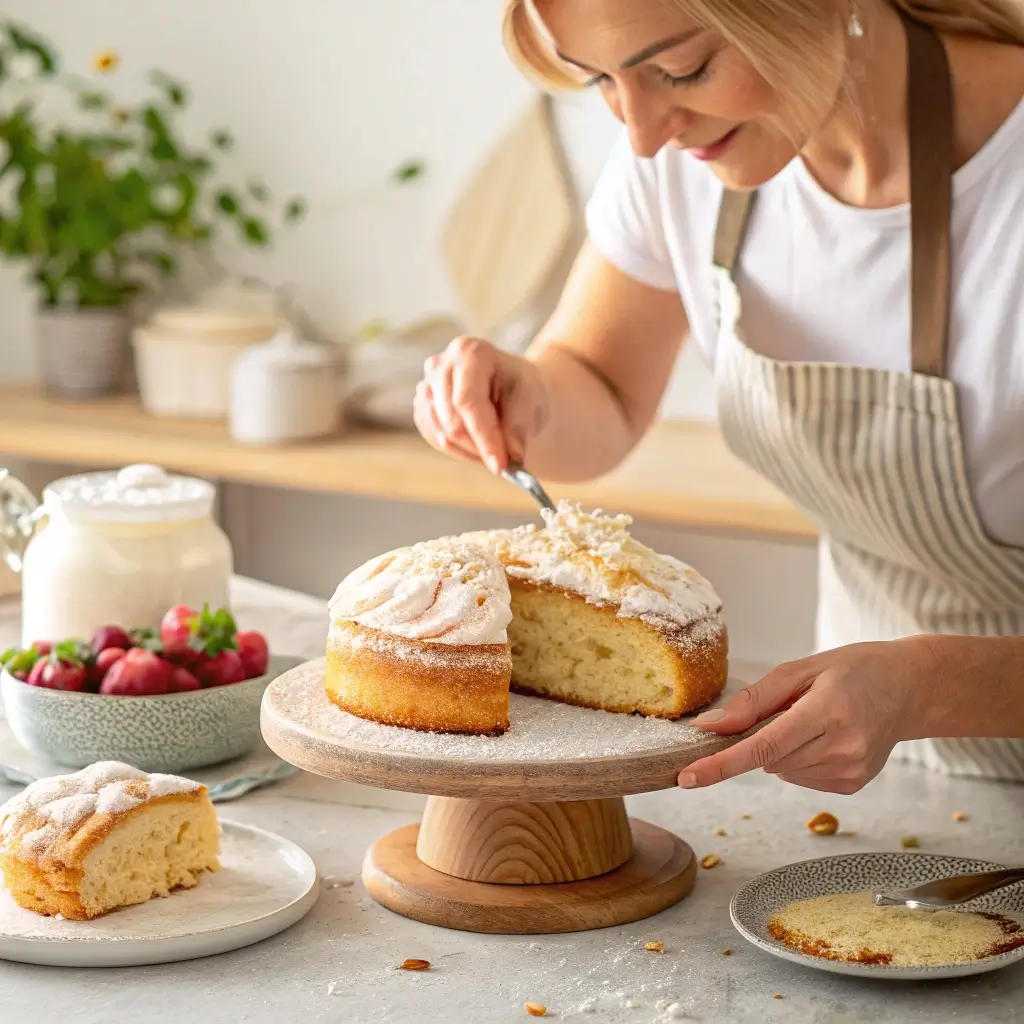 Sourdough Dessert Recipes: 5 Surprisingly Easy Sweets Close-up of a woman preparing a sourdough cake, frosting or slicing it in a cozy kitchen.