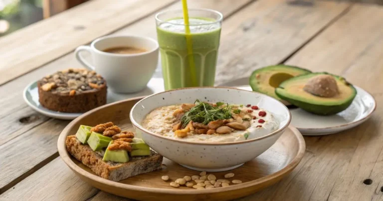A delicious **Breakfast Ideas Without Eggs** spread featuring crispy hash browns, scrambled tofu, fresh fruit, and toasted bread on a wooden table.