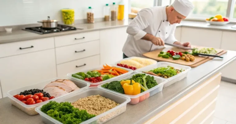 Chef preparing High Protein Lunch Meal Prep with chicken, quinoa, and vegetables on the kitchen counter.