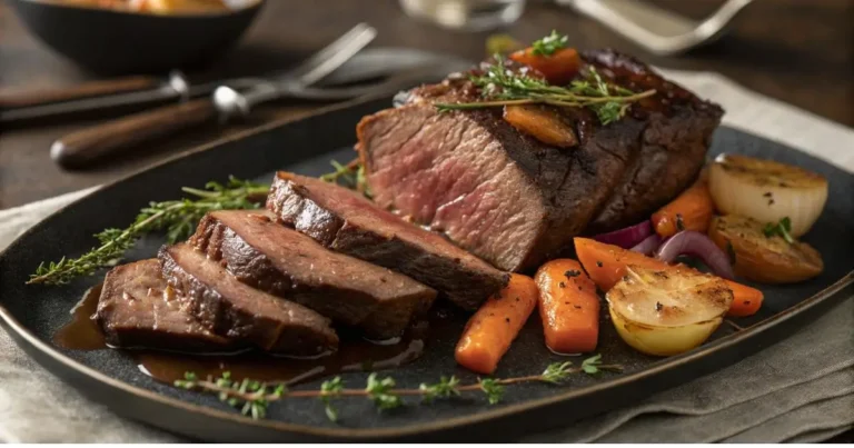 A plate of slow-cooked beef cheek meat served with fresh herbs, showcasing its tender texture and rich flavor.