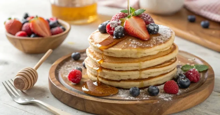 A stack of golden-brown gluten-free protein pancakes drizzled with maple syrup, topped with fresh berries and a pat of melting butter on a rustic wooden plate.